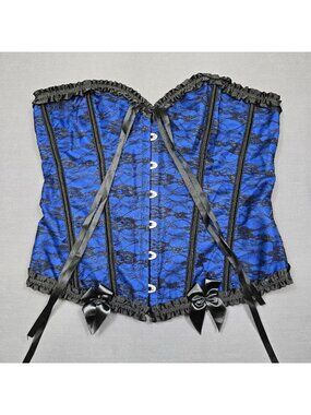 2XL Blue & Black Lace Corset Bustier With Satin Bow Lace-Up Back